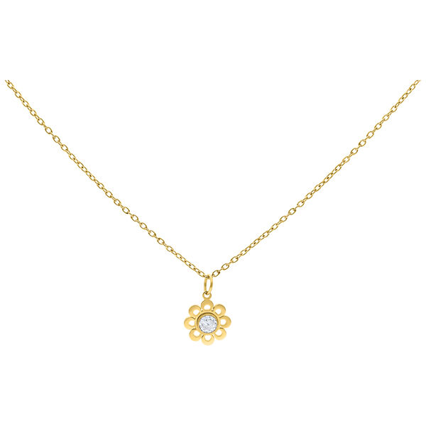 Cadena dorada con colgante de cristal en forma de flor sobre fondo blanco