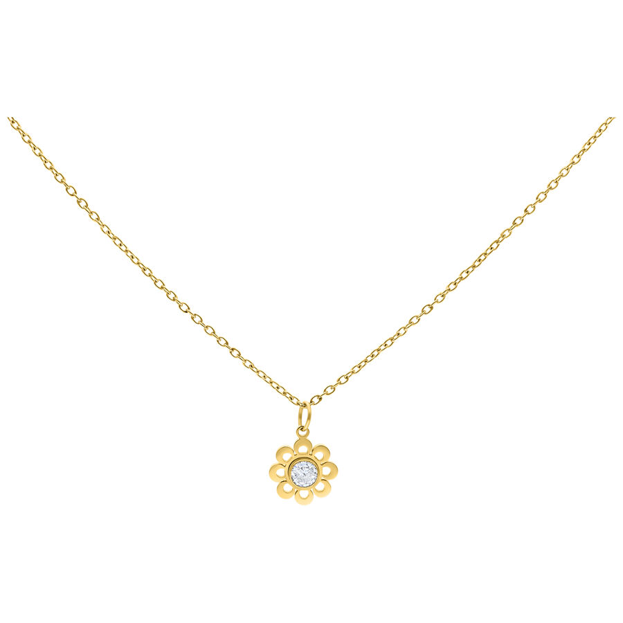 Goldene Kette mit blumenförmigem Kristallanhänger auf weißem Hintergrund