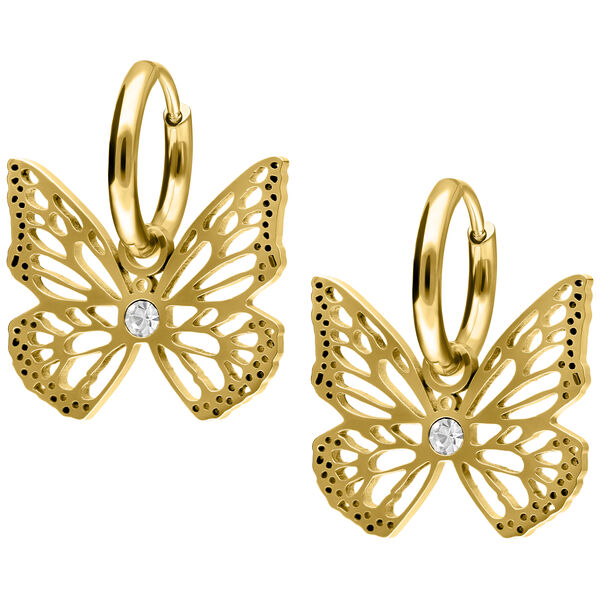 Dos pendientes de mariposa dorados de acero quirúrgico con cristal claro sobre fondo blanco