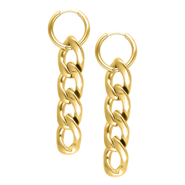 Goldene Ohrringe aus Chirurgenstahl mit Kettenstruktur auf weißem Hintergrund