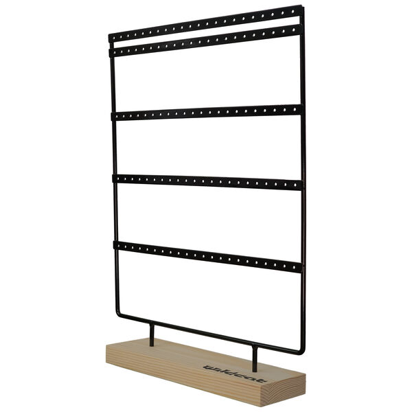 Display nero in metallo con base in legno, posizione verticale
