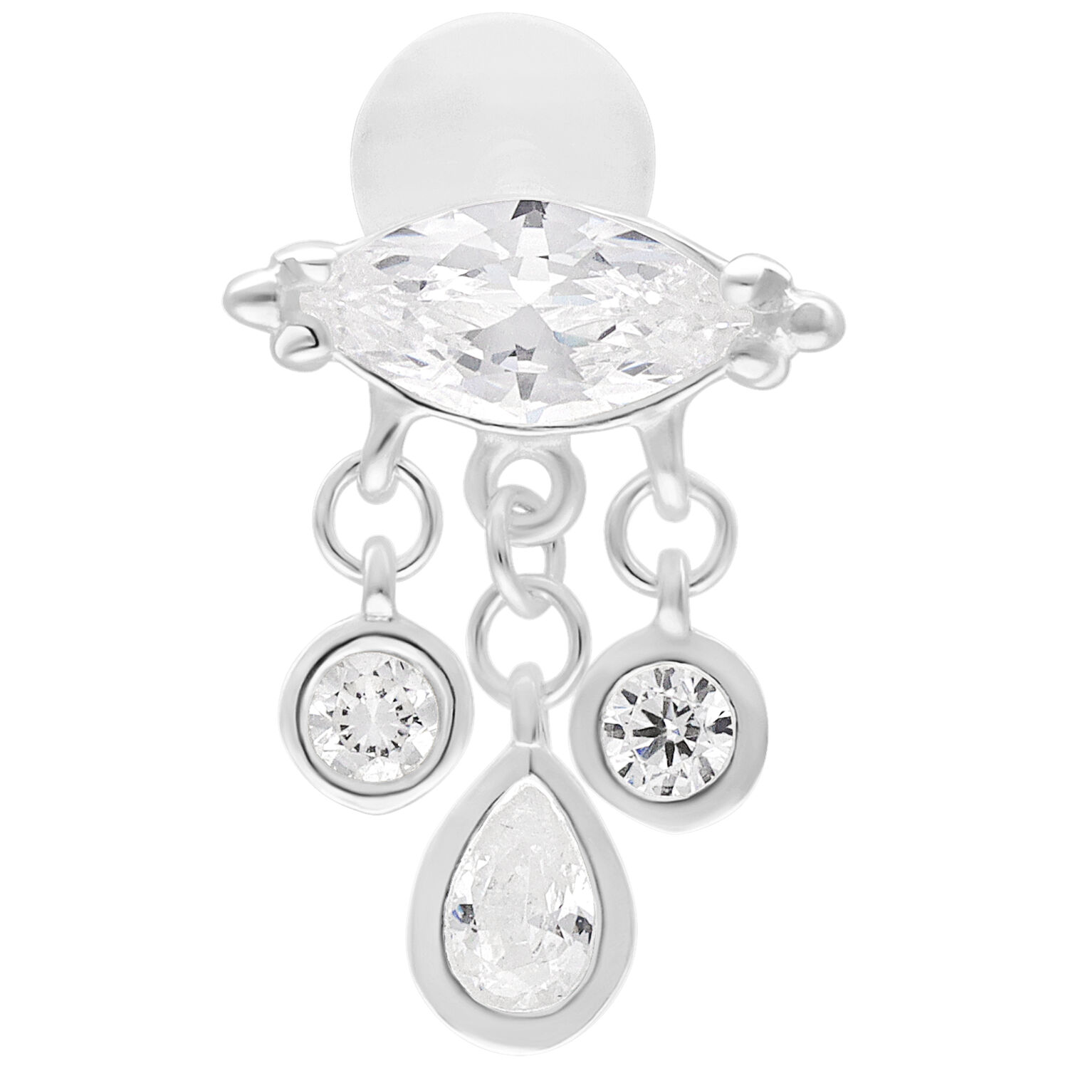 Silbernes Bella Push Fit Labret 5.0 mm Silberfarbenes Labret mit drei hängenden Zirkonia-Anhängern auf weißem Hintergrund