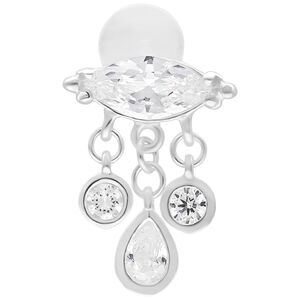 Silbernes Bella Push Fit Labret 5.0 mm Silberfarbenes Labret mit drei hängenden Zirkonia-Anhängern auf weißem Hintergrund