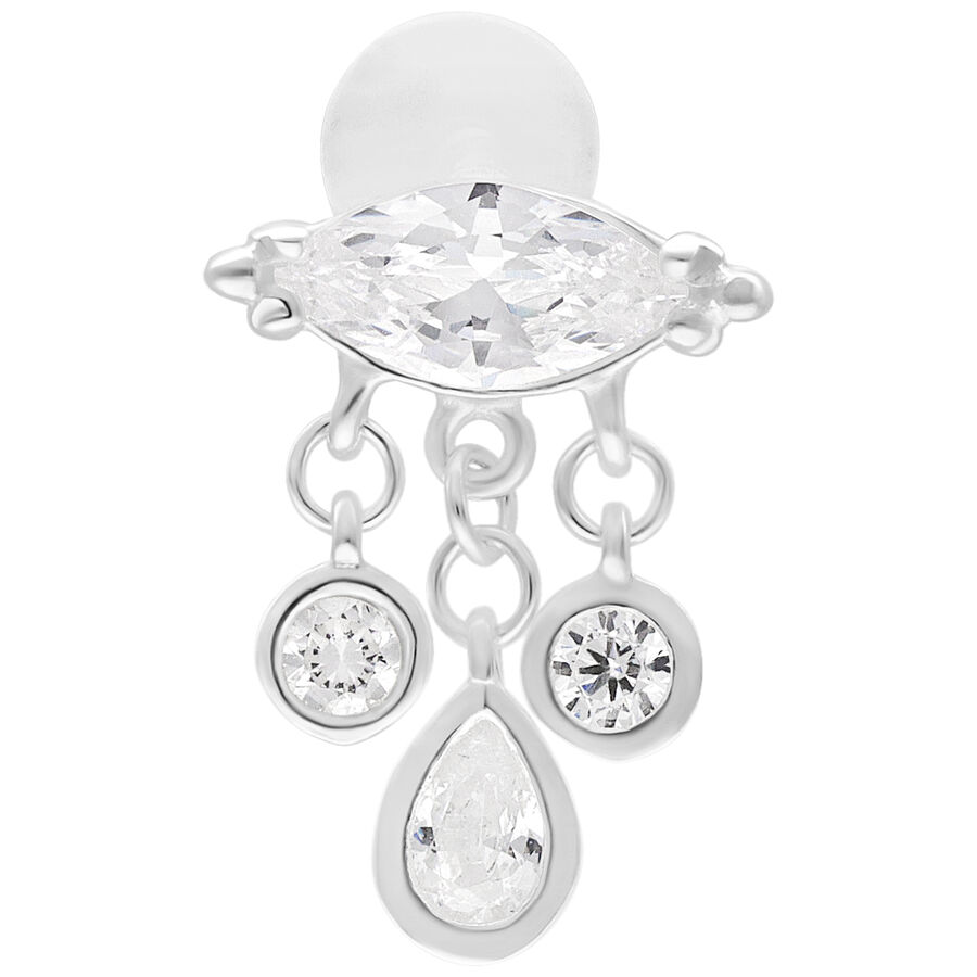Labret color argento con tre pendenti di zirconi su sfondo bianco