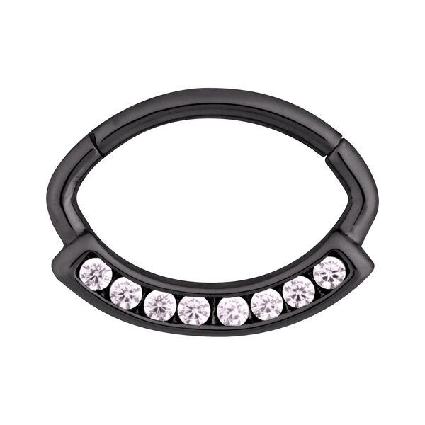 Schwarzer Channel Hinged Ring mit klaren Kristallen auf weißem Hintergrund