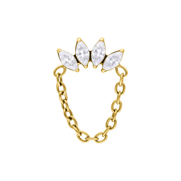 Accessorio dorato con quattro cristalli chiari e catena su sfondo bianco