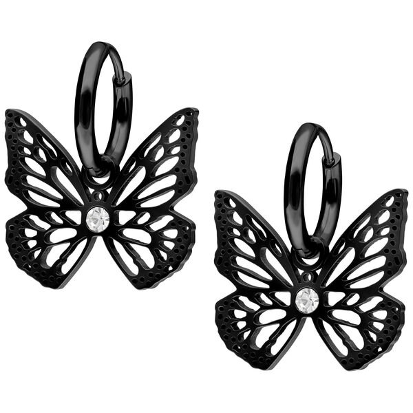 Pendientes negros con colgante de mariposa de acero quirúrgico, superficie brillante