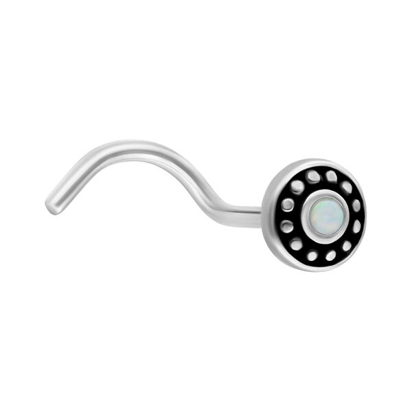 Magi piercing nasal de acero quirúrgico con ópalo blanco sobre fondo blanco