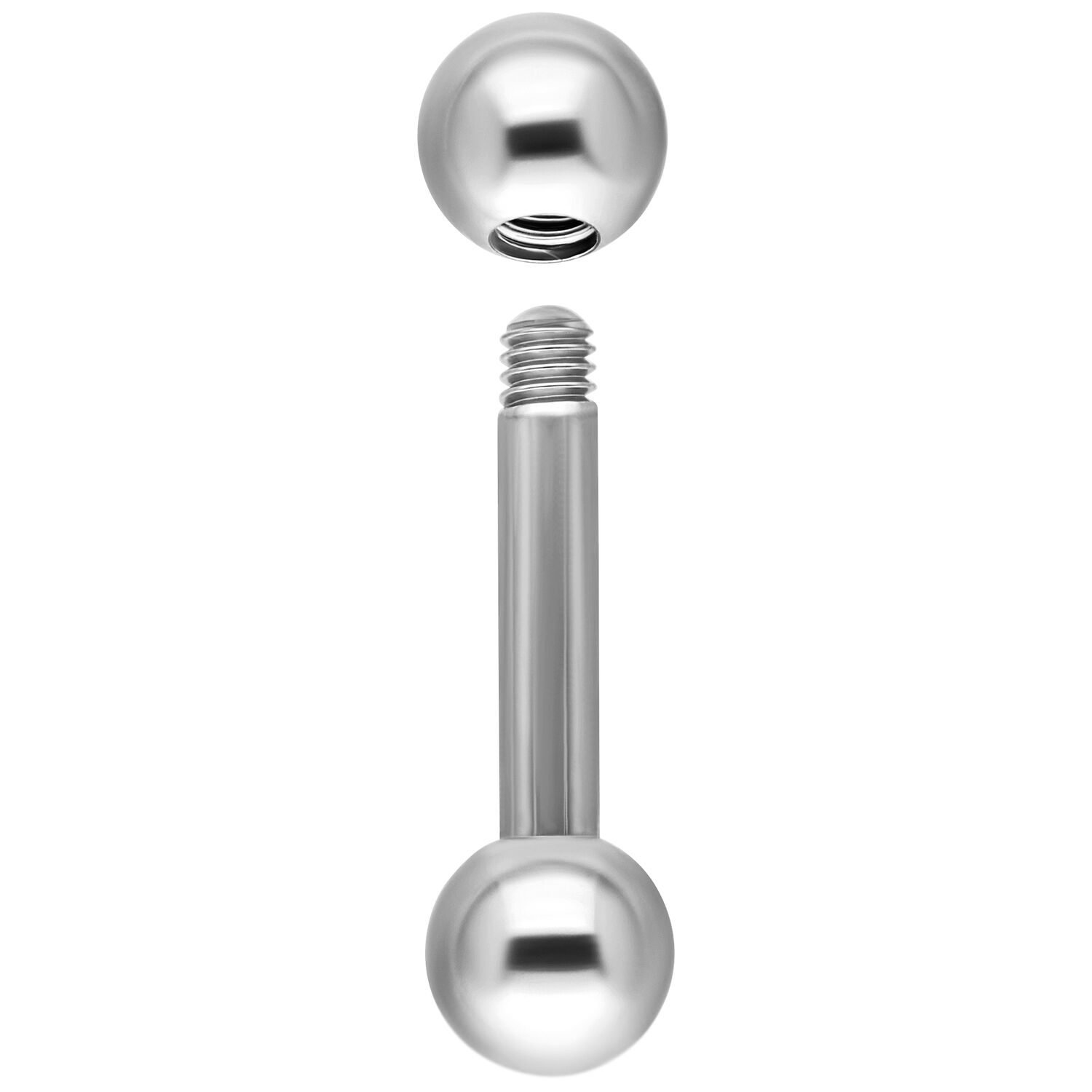Silberner Titan Barbell mit Außengewinde Silberner Barbell aus Titan mit Außengewinde auf weißem Hintergrund