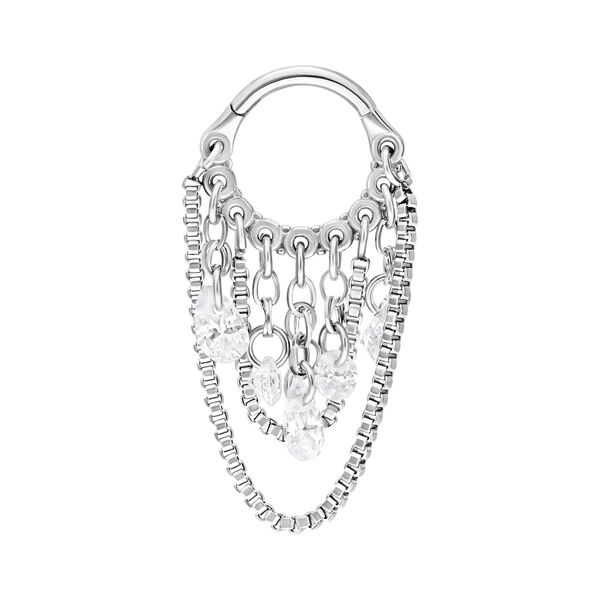 Clicker piercing in argento con cristalli chiari, design a catena su sfondo bianco