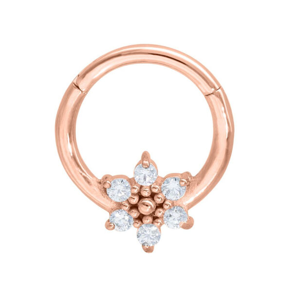 Roségoldener Clicker mit klaren Kristallen auf weißem Hintergrund