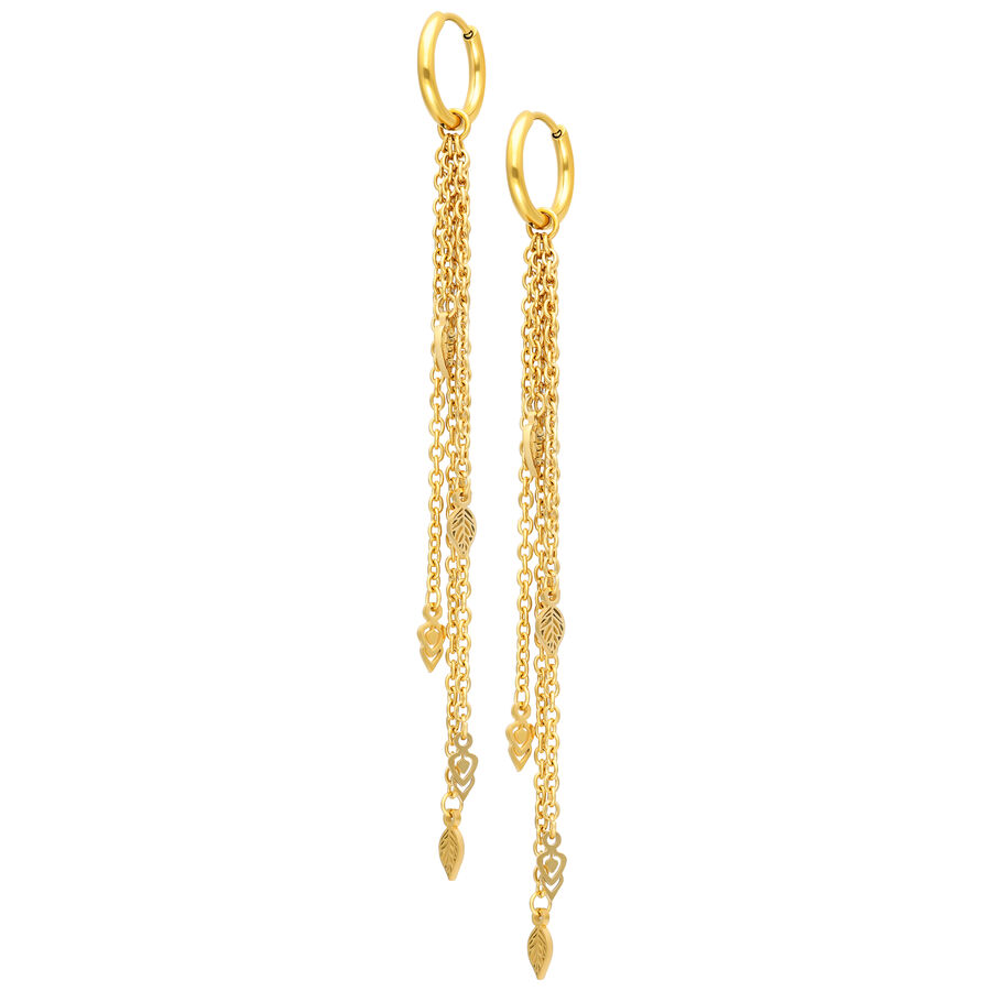 Orecchini d'oro con lunghe e sottili catene pendenti, su sfondo bianco