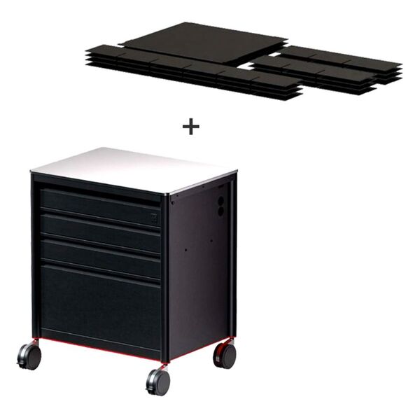 Musta Tattoo Workstation pyörillä, kolme laatikkoa ja alumiinirunko valkoisella taustalla