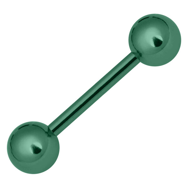 Barbell metálico verde claro con dos bolas sobre fondo blanco