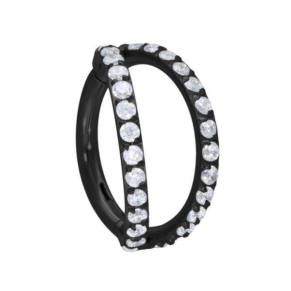 Anillo de piercing negro con dos filas de piedras cristalinas sobre fondo blanco