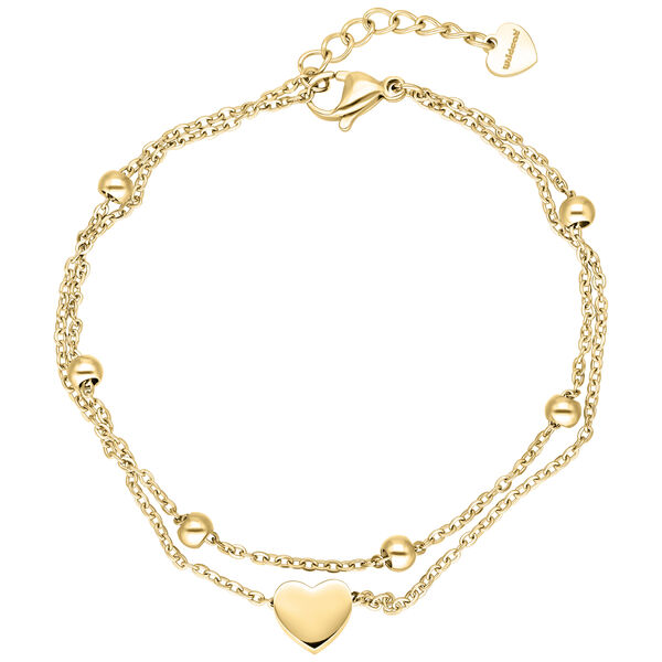 Pulsera dorada de doble cadena con colgante de corazón sobre fondo blanco