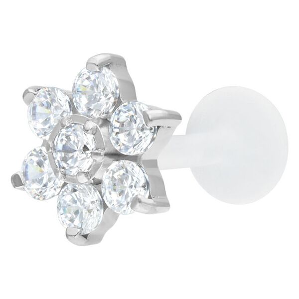 Labret con flor de cristal plateada sobre fondo blanco