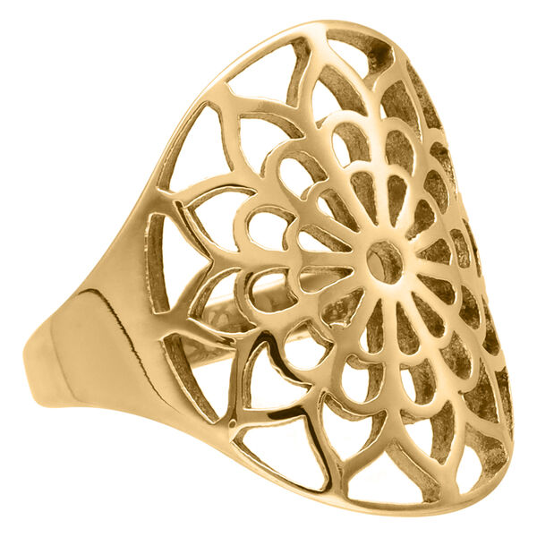 Anillo dorado con diseño floral delicado sobre fondo blanco