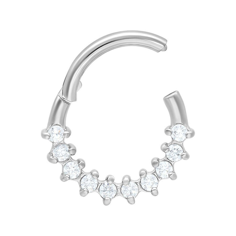 Clicker per setto in argento in acciaio chirurgico con cristalli chiari su sfondo bianco