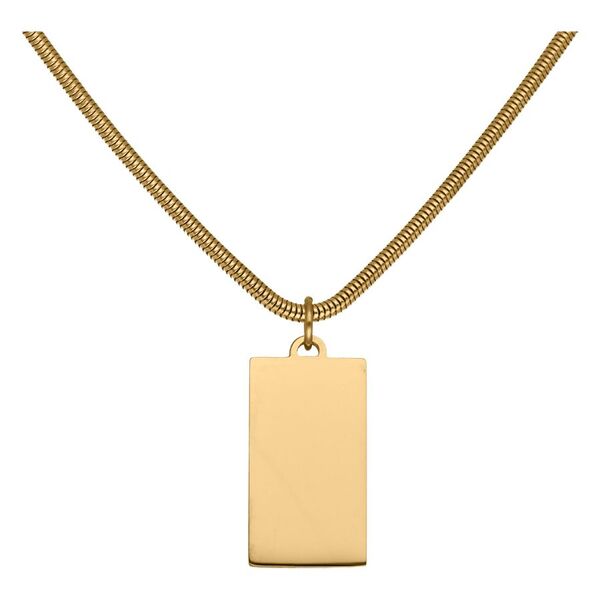 Cadena dorada con colgante rectangular sobre fondo blanco
