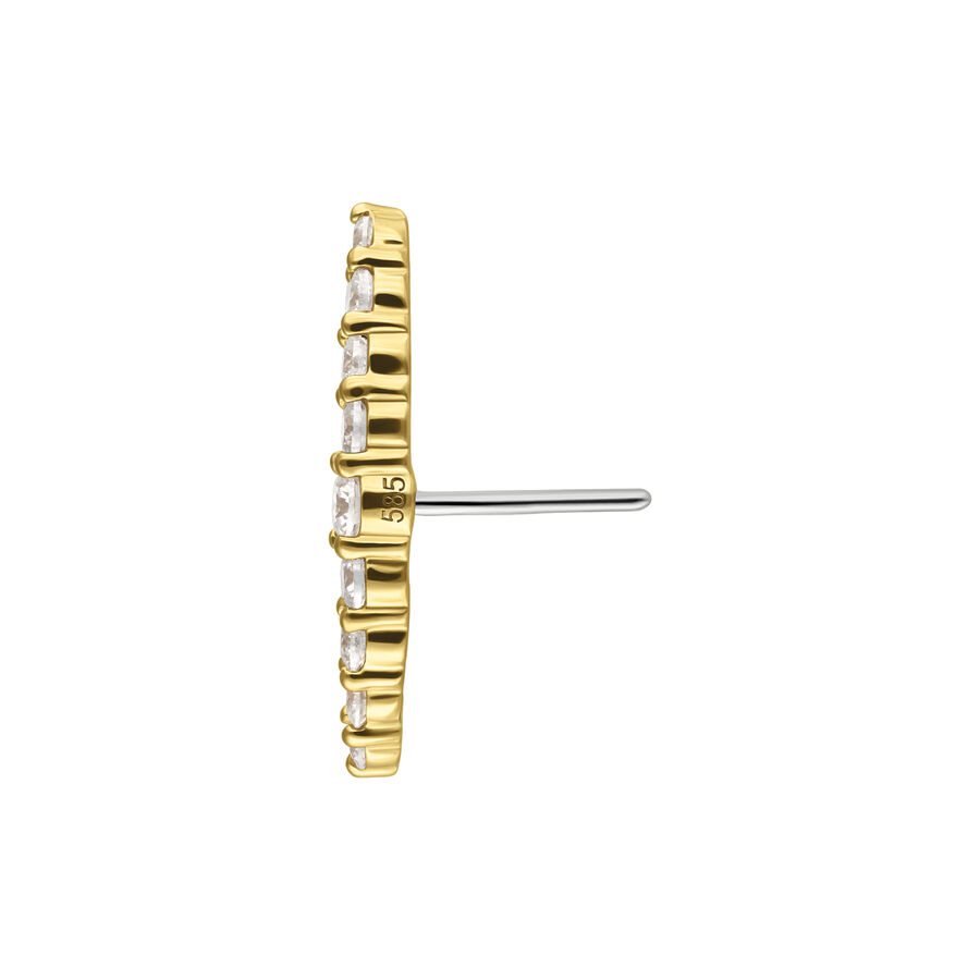 Vista laterale di un attacco in oro 14K con cristalli di moissanite chiari