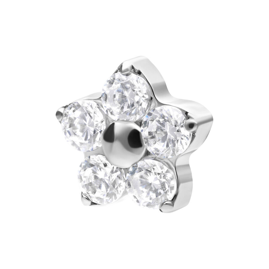 Fiore in argento con cristalli chiari su sfondo bianco
