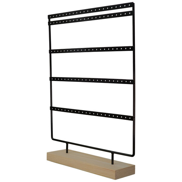 Display in metallo nero per orecchini su base in legno, autoportante