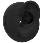 Modelo de oreja negra con accesorio de croissant dorado en el interior de la oreja
