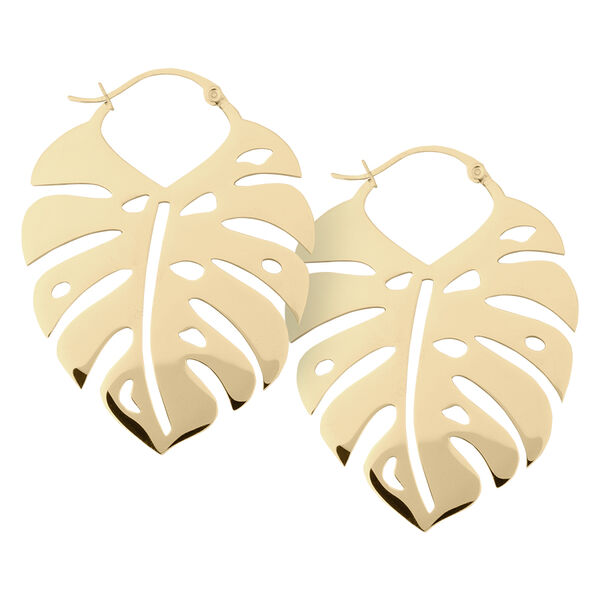 Aros de Monstera dorados de acero quirúrgico sobre fondo blanco
