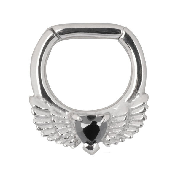 Silberner Septum Clicker mit schwarzem Herz-Kristall und Flügelmotiv