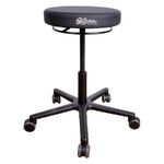 Taburete redondo de trabajo R1 Pro negro con asiento de cuero sintético y estructura de aluminio sobre fondo blanco