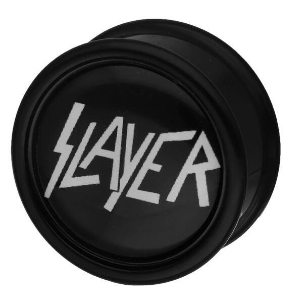 Musta tulppa, jossa valkoinen Slayer-logo mustalla taustalla