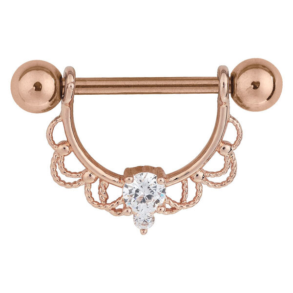 Barbell per capezzolo in oro rosa con cristallo e elementi decorativi su sfondo bianco