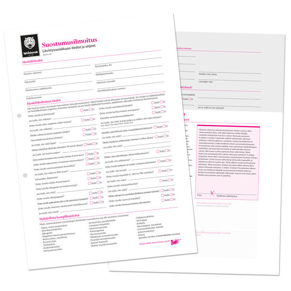 Kaksi valkoista paperilomaketta, joissa on vaaleanpunaista tekstiä suomeksi, vaalealla taustalla.