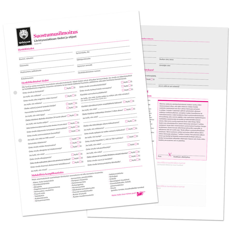 Kaksi valkoista paperilomaketta, joissa on vaaleanpunaista tekstiä suomeksi, vaalealla taustalla.