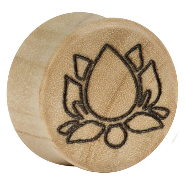 Runder Holzplug mit eingraviertem Lotus-Motiv auf hellem Hintergrund