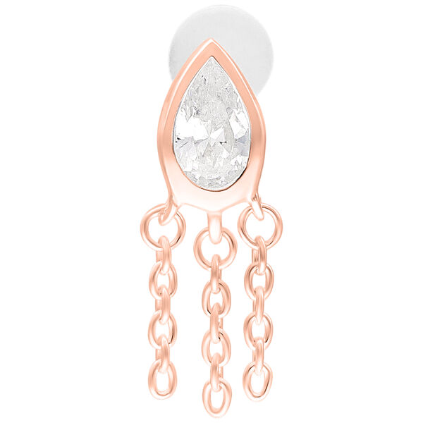 Piercing labret de oro rosa con diseño de gota y colgantes de cadena sobre fondo blanco