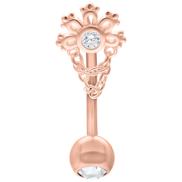 Rosékultainen Micro Bananabell kristallilla, 12mm pituus, valkoisella taustalla