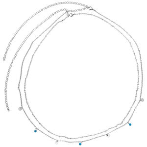 Silberne Bauchketten aus Chirurgenstahl Doppelte Bauchketten aus silbernem Chirurgenstahl mit blauen und weißen Akzenten auf weißem Hintergrund