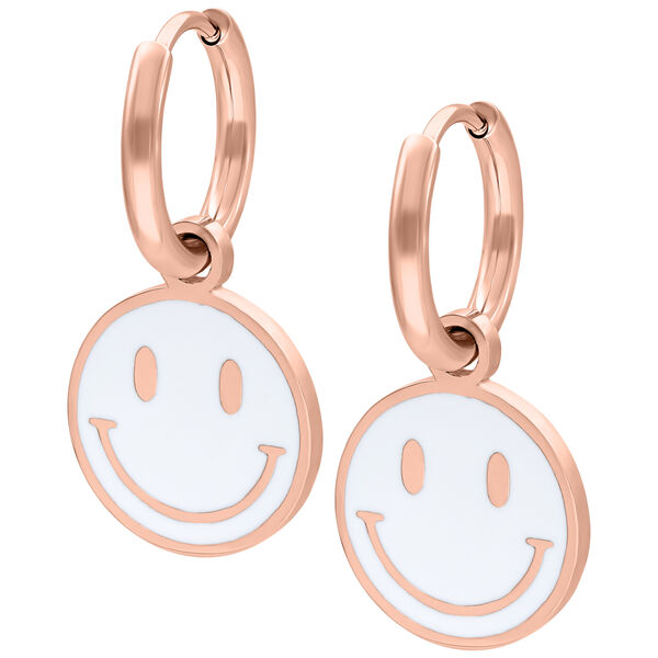 Valkoinen Smiley-korvakoru ruusukullatusta kirurginteräksestä valkoisella taustalla