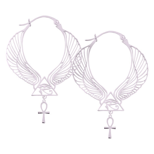 Aros plateados en forma de Cleopatra con alas y símbolo Ankh sobre fondo blanco