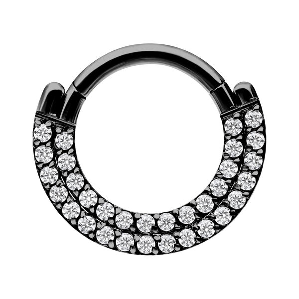 Anillo de piercing negro con dos filas de cristales claros sobre fondo blanco