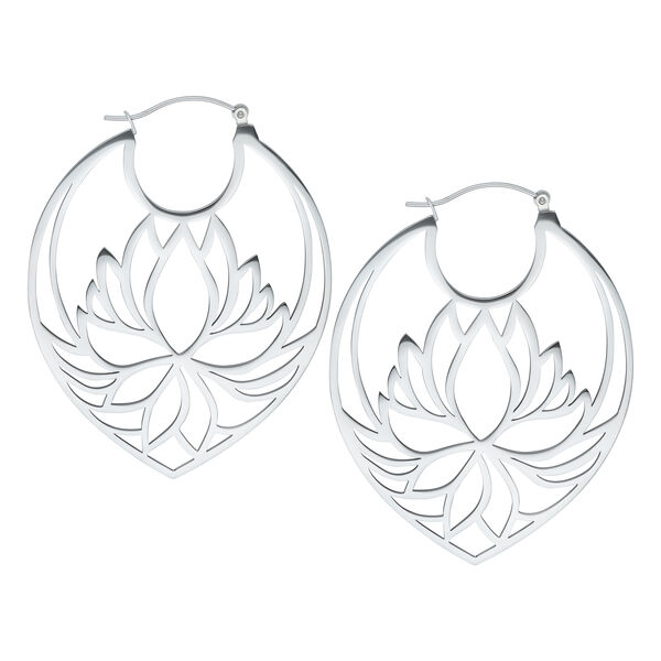 Lotus Hoops color argento in acciaio inossidabile con chiusura a scatto su sfondo bianco