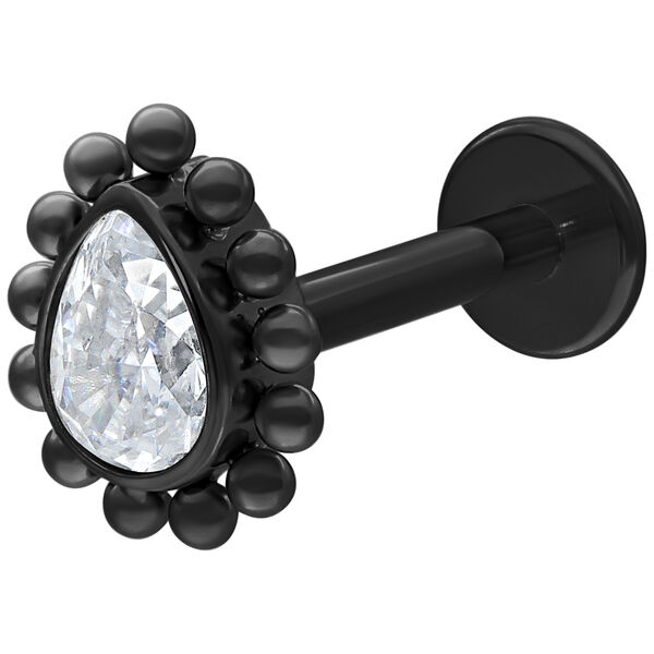 Labret negro con gota de cristal claro sobre fondo blanco