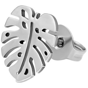 Monstera Ohrstecker Paar aus Silber Silberfarbene Monstera Ohrstecker aus Chirurgenstahl auf weißem Hintergrund