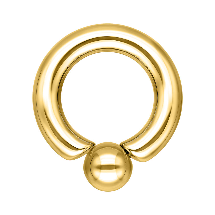 Anillo de piercing de titanio dorado con bola, grosor de 10 mm, sobre fondo blanco