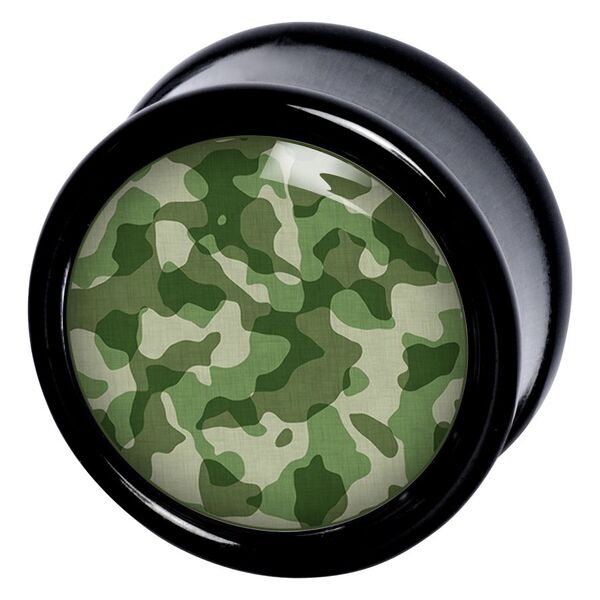 Runder Plug mit grünem Camouflage-Muster, schwarzer Rand