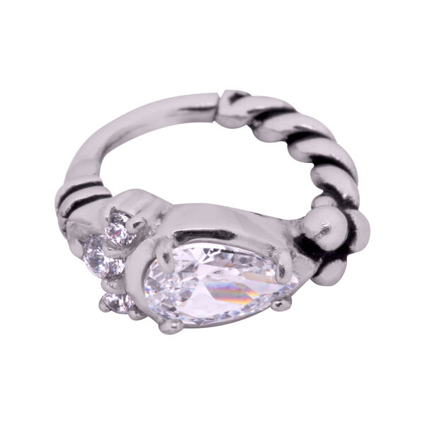 Silberner Boho-Hinged-Ring mit klaren Kristallen auf weißem Hintergrund