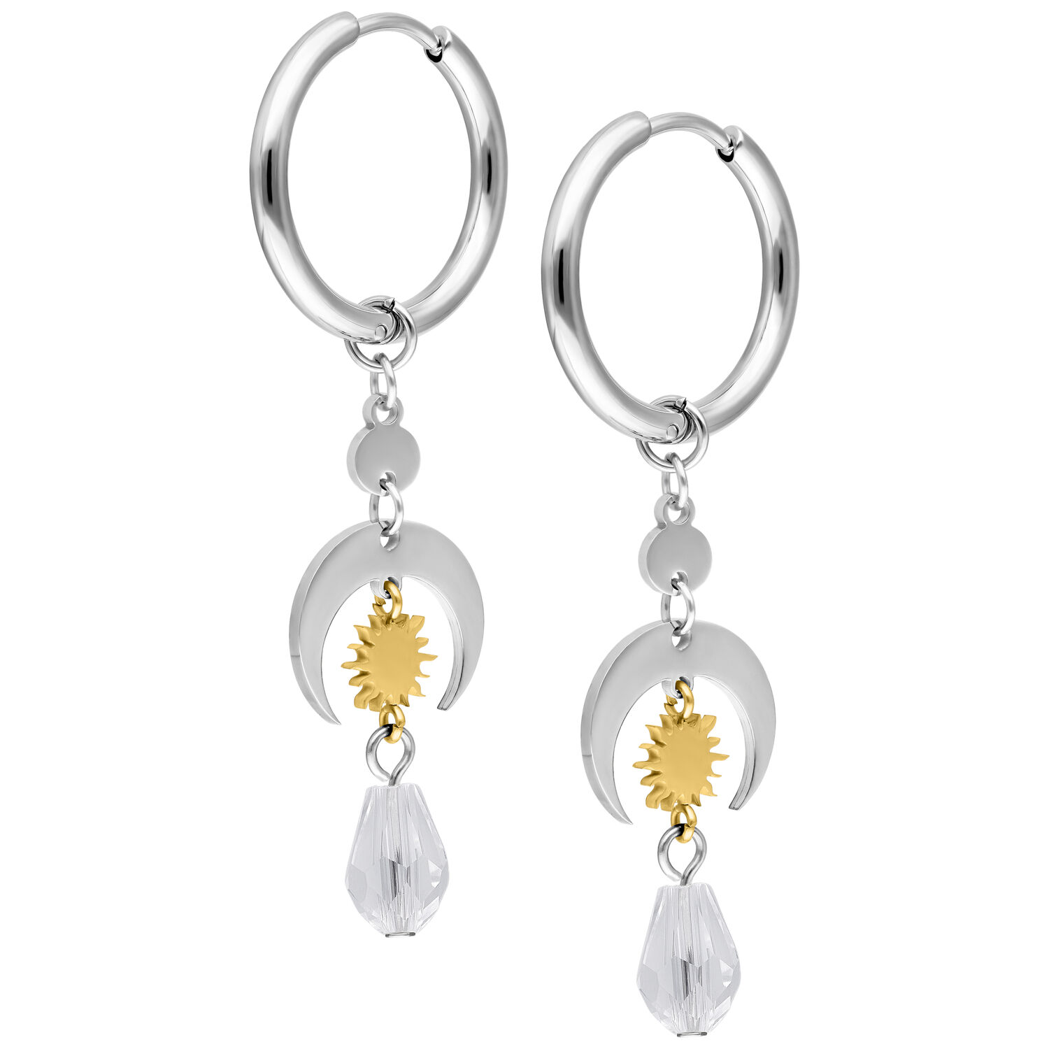 Celestial Light Hoops aus Edelstahl, Silber-Gold Silberne Edelstahl-Ohrringe mit goldenen Details und Kristallanhänger