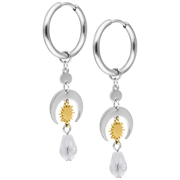 Pendientes de acero inoxidable plateados con detalles dorados y colgante de cristal